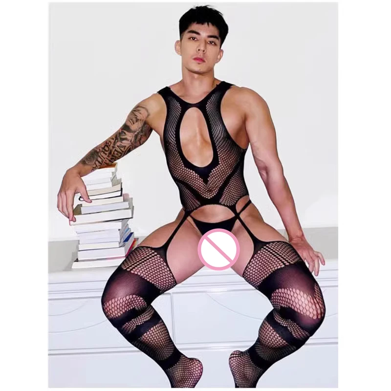 Plus Size Sexy Fishnet Bodystocking for Men – Open Crotch Transparent Lingerie