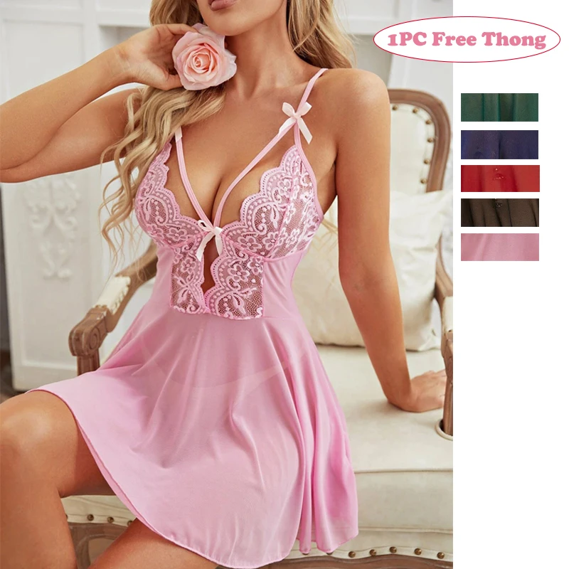 Sexy Lace Babydoll Lingerie - Bow Trim Nightdress & Pajama Set